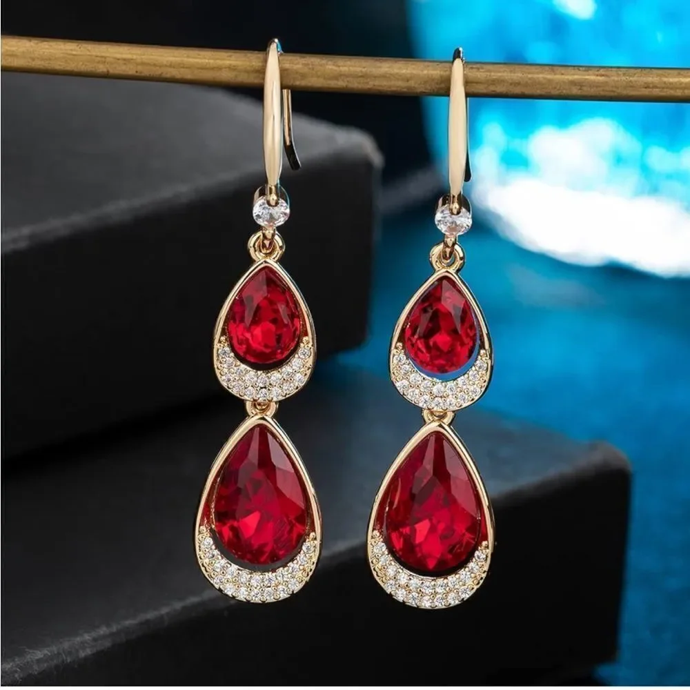 14K Yellow Gold with Ruby Red Austrian Crystal Double Teardrop Hook Earrings